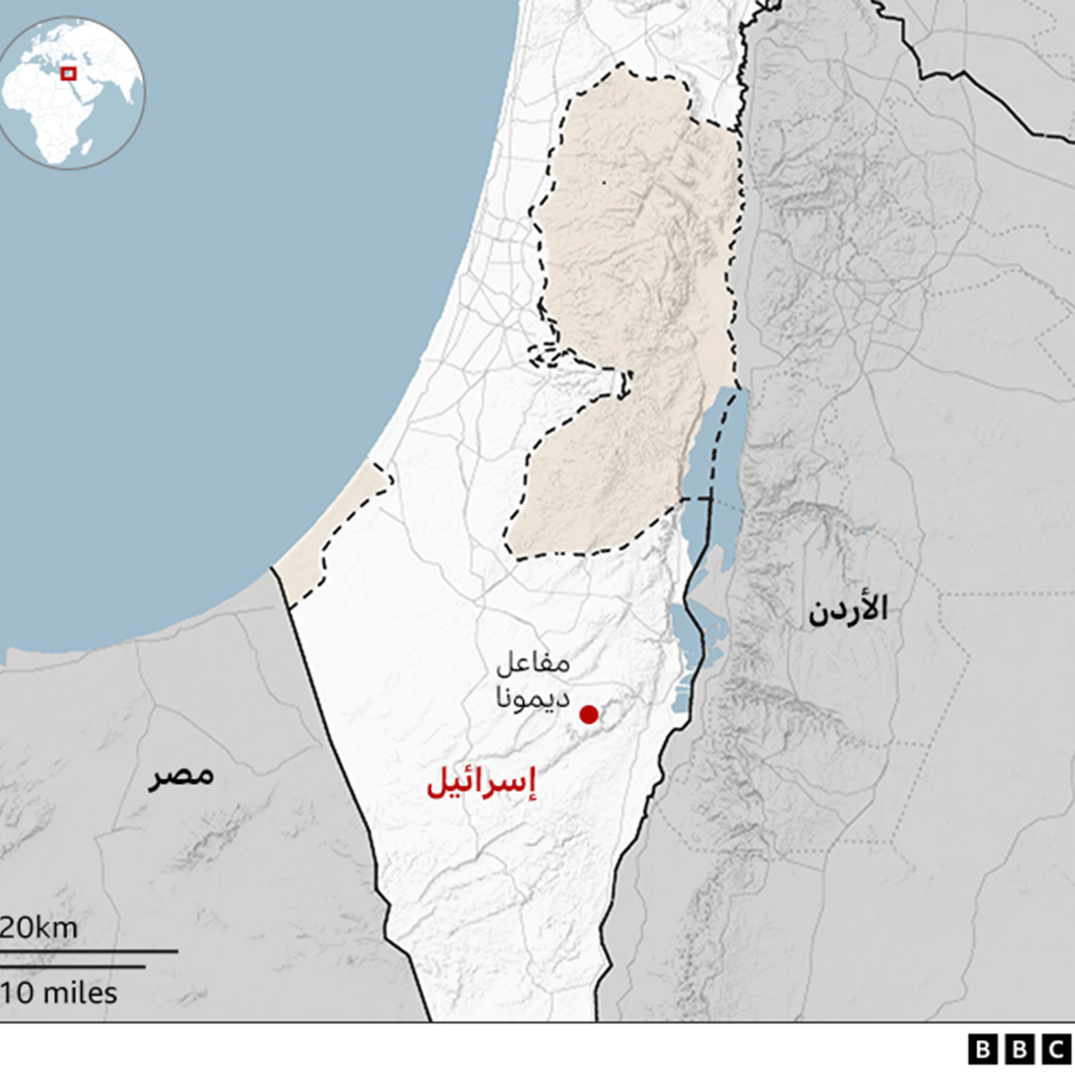 خريطة لموقع مفاعل ديمونا داخل إسرائيل وموقعه من دول الجوار مصر والأردن