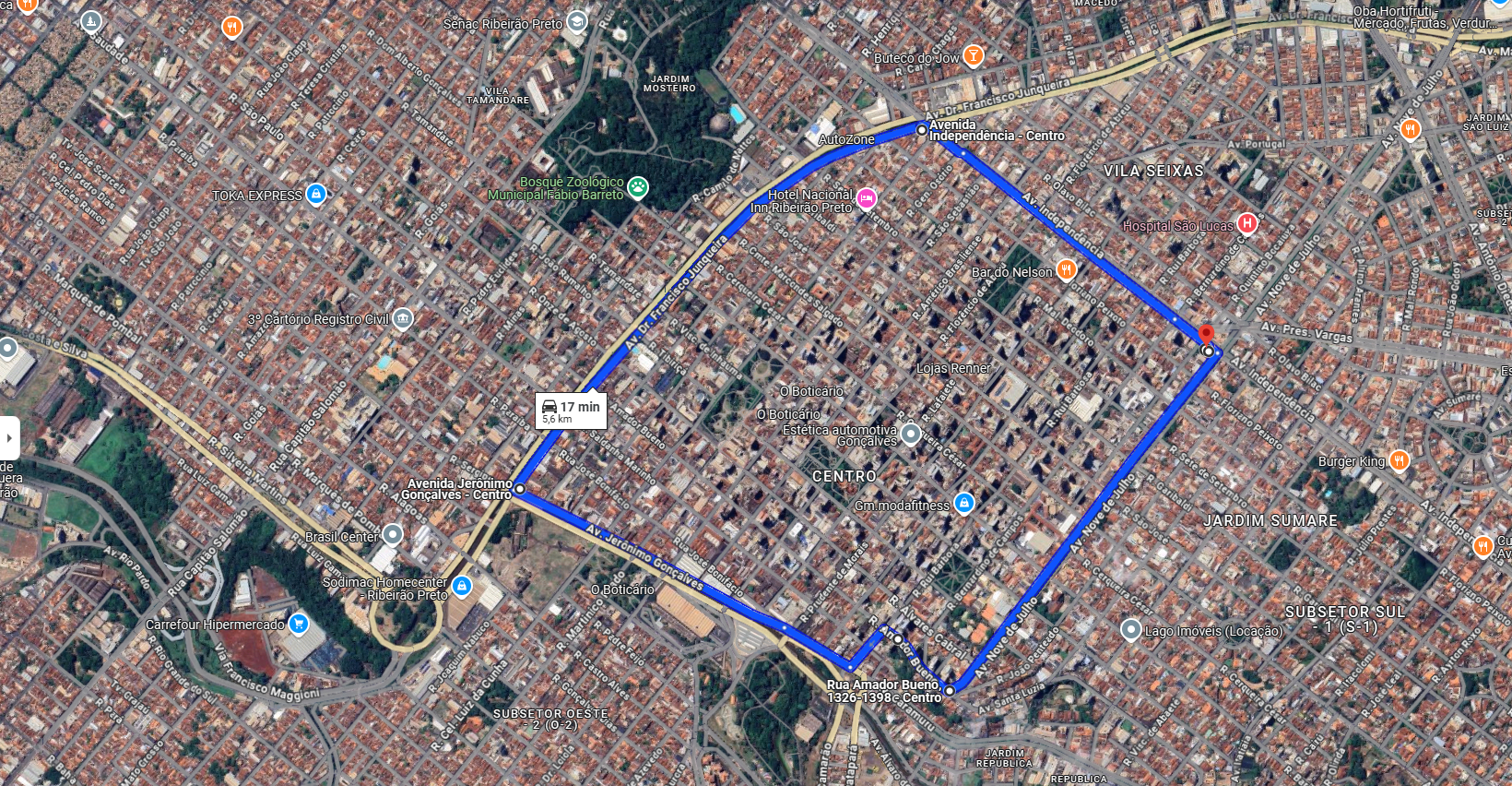 Imagem de satélite em área urbana com quadrado delimitado