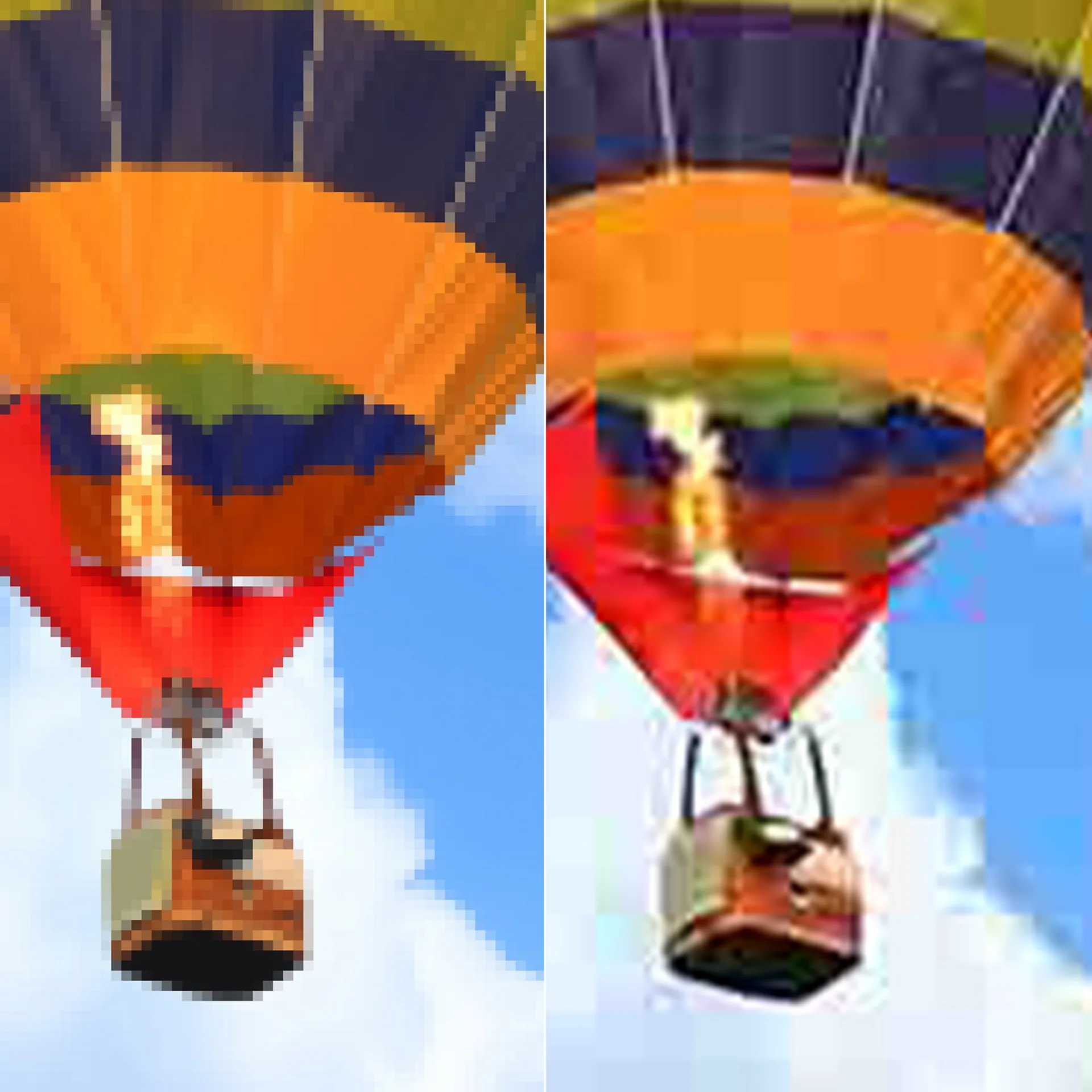 해상도가 떨어지는 열기구 사진 두 장을 이어붙인 사진. 두 번째 사진에는 이상한 패턴과 흐릿한 경계선이 있다.