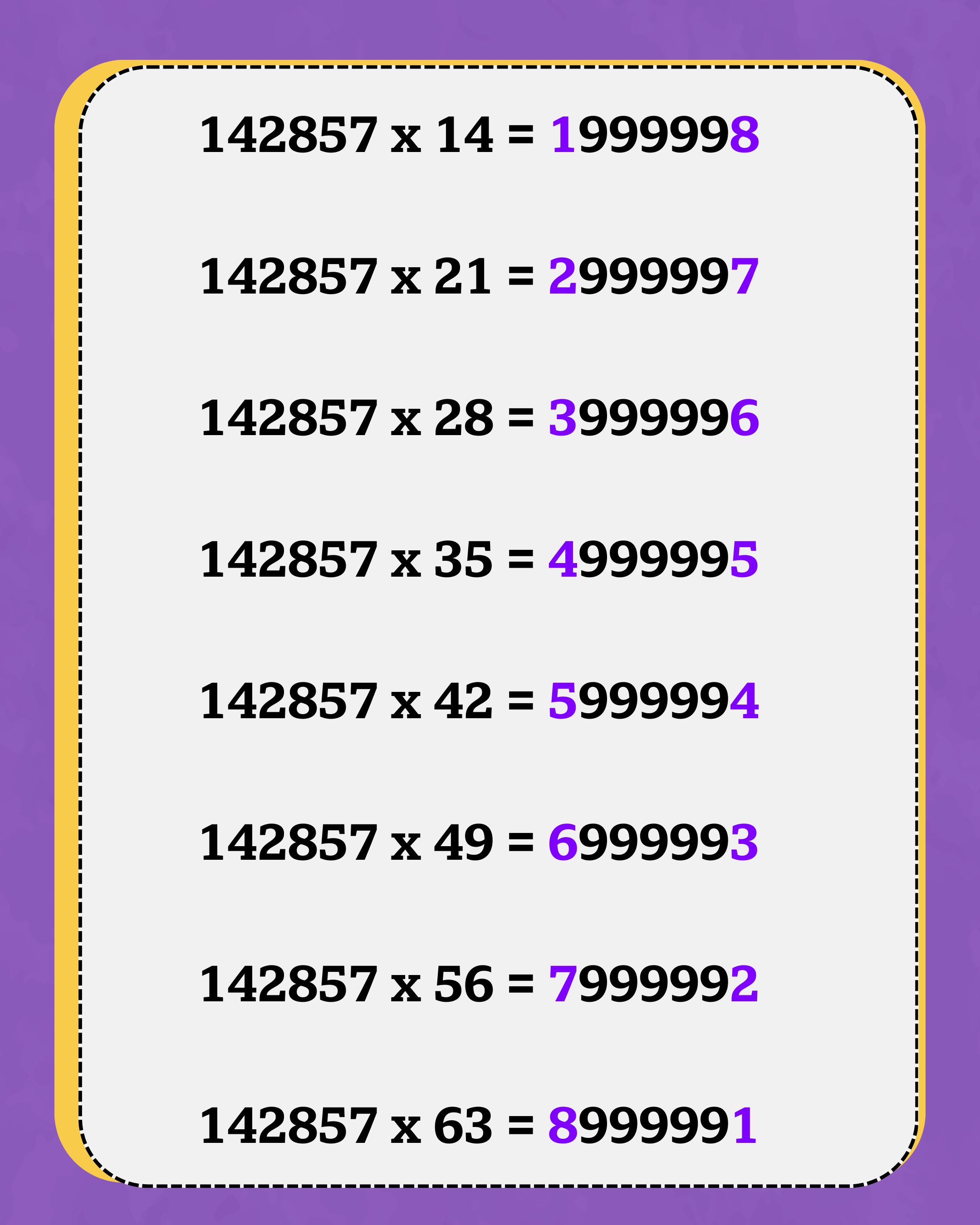 Ilustración de la multiplicación de 142857 por múltiplos de 7