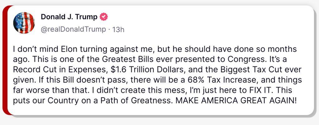 Postagem de Donald Trump na rede Truth Social em 5/6/2025