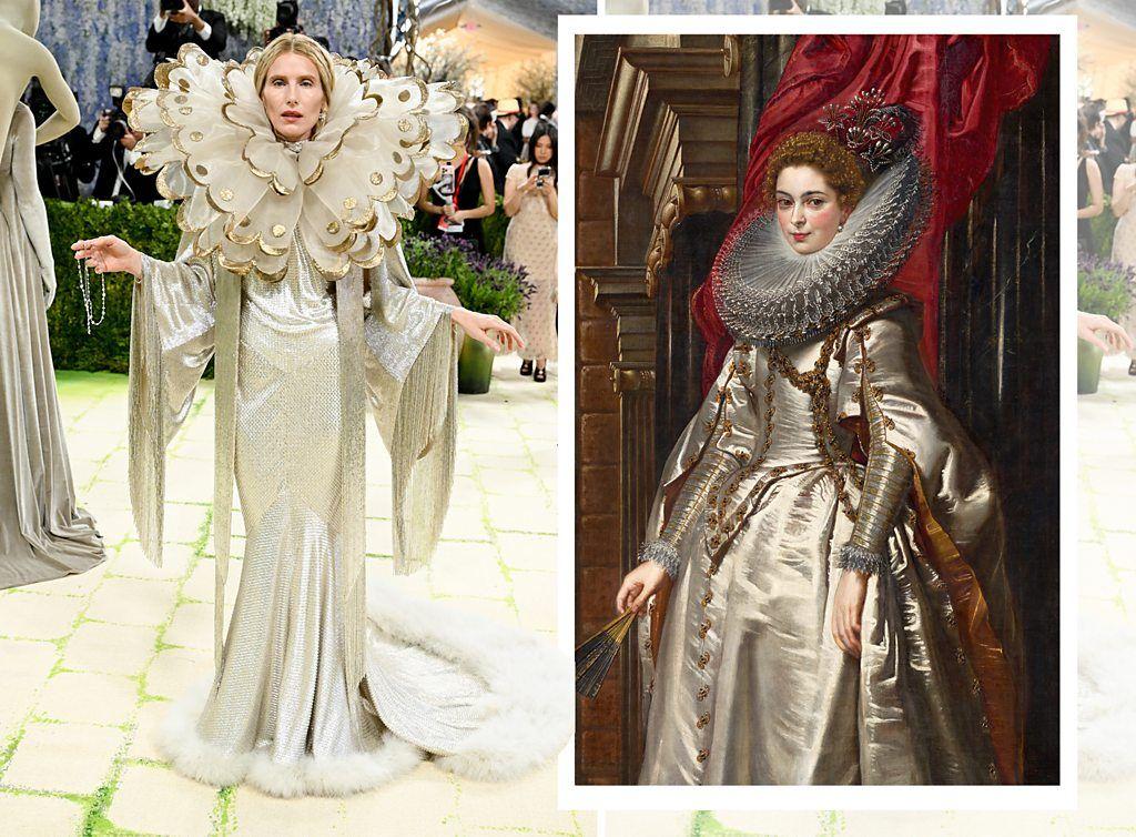 A modelo e atriz Dree Hemingway, ao lado do quadro 'Retrato da Marquesa Brigida Spinola-Doria', de Peter Paul Rubens