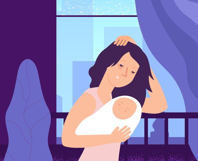 رسمة تعبيرية لأم مرهقة تحمل طفلها الرضيع 