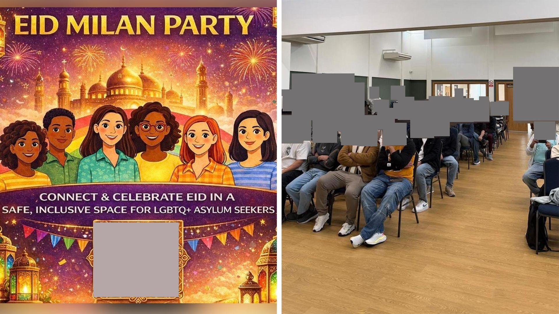 Imagem dividida. &Agrave; esquerda, h&aacute; um convite online para uma festa de Eid, com ilustra&ccedil;&otilde;es de jovens, homens e mulheres, diante de uma mesquita, com fogos de artif&iacute;cio ao fundo. 