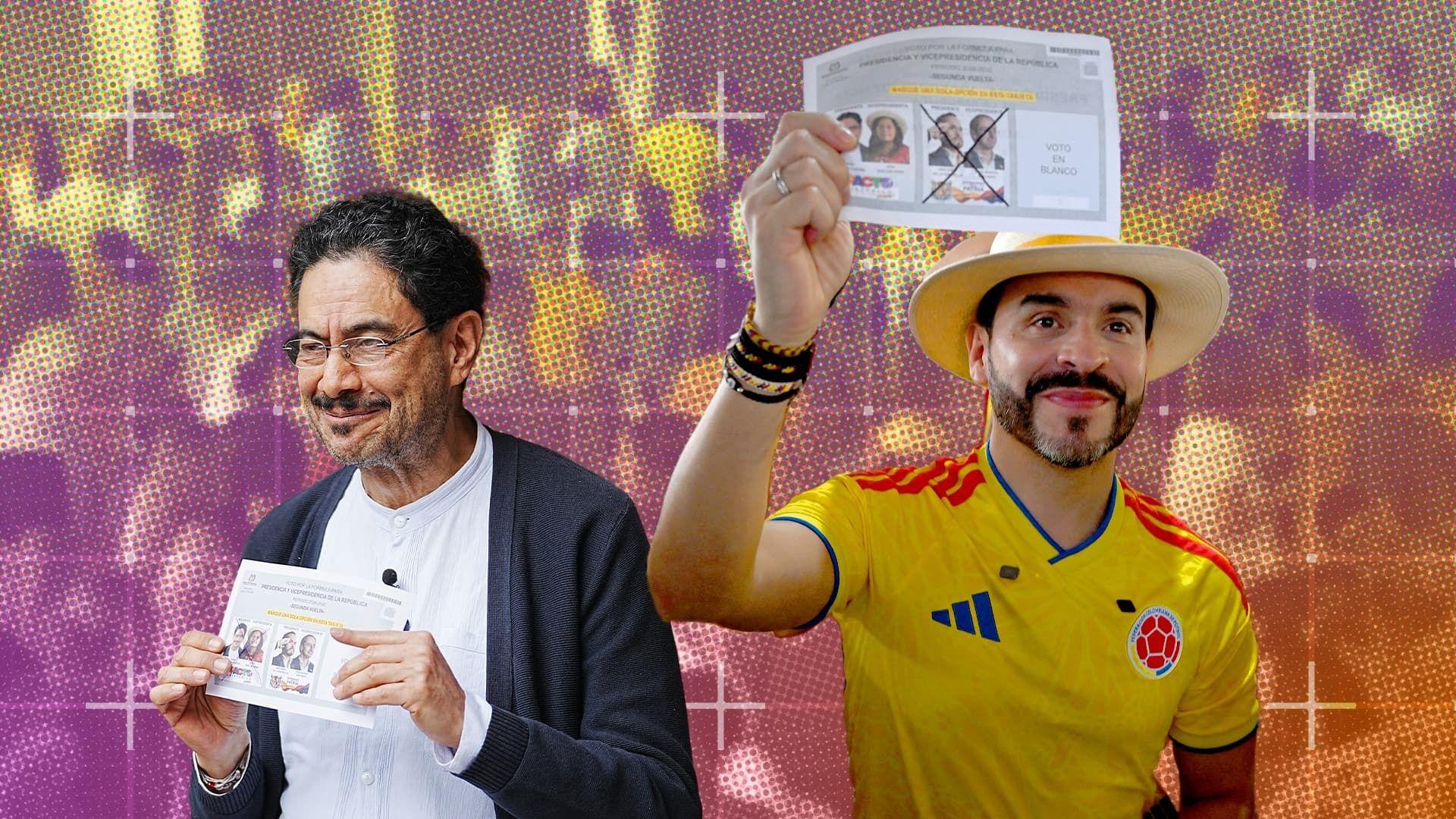 Una foto combinada con Iván Cepeda y Abelardo de la Espriella mostrando sus votos