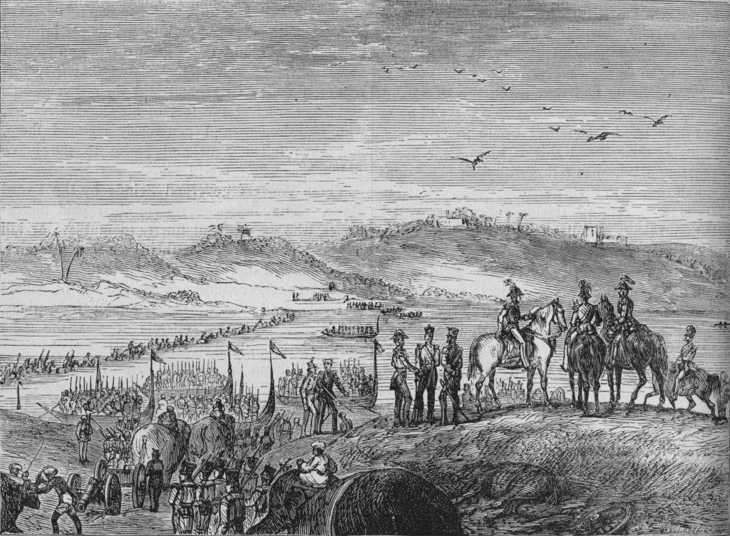 1846 میں برطانوی فوج کو دریائے ستلج عبور کرتے ہوئے دکھایا گیا ایک تصویر۔