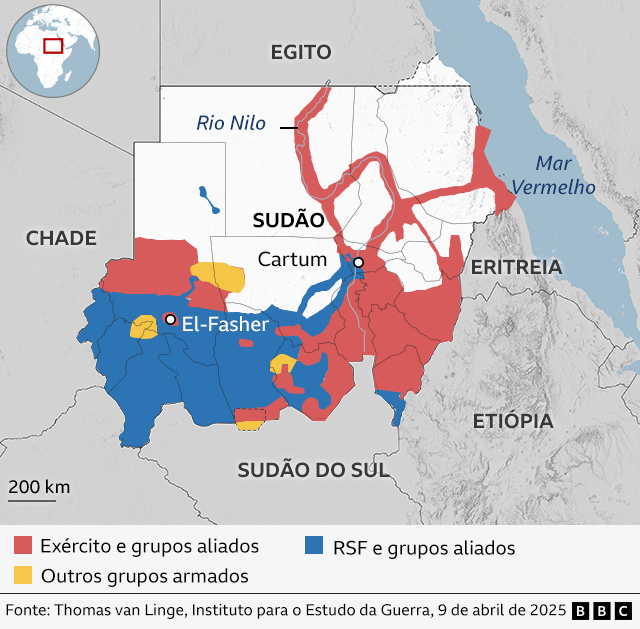 Mapa mostrando que grupo controla cada parte do Sudão
