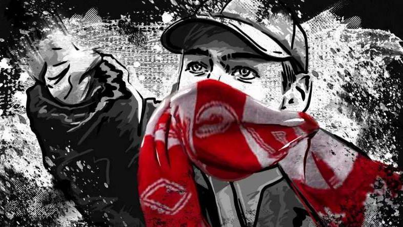 Ilustración de un joven nacionalista extremista con un pañuelo en la cara.