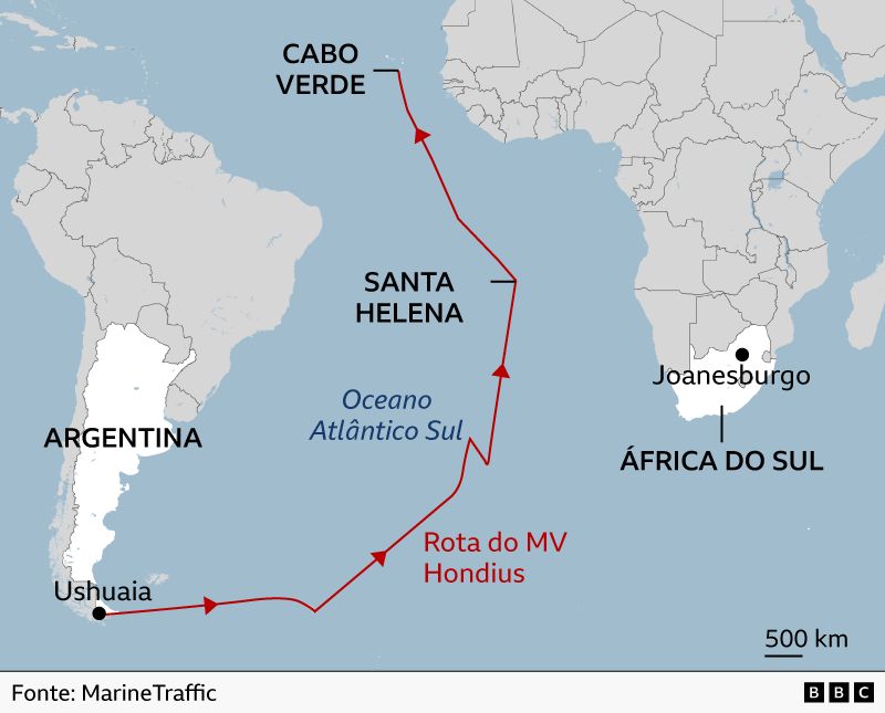 Mapa do trajeto do cruzeiro da Argentina at&eacute; Cabo Verde