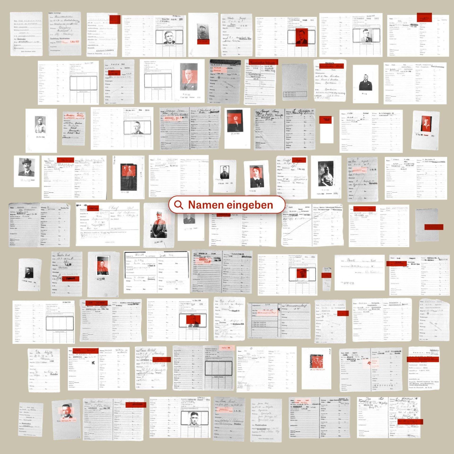 Una imagen compuesta de unas 100 hojas de papel, cada una contiene el resultado de búsqueda de un miembro del Partido Nazi, de la base de datos de Die Zeit sobre la pertenencia nazi.
