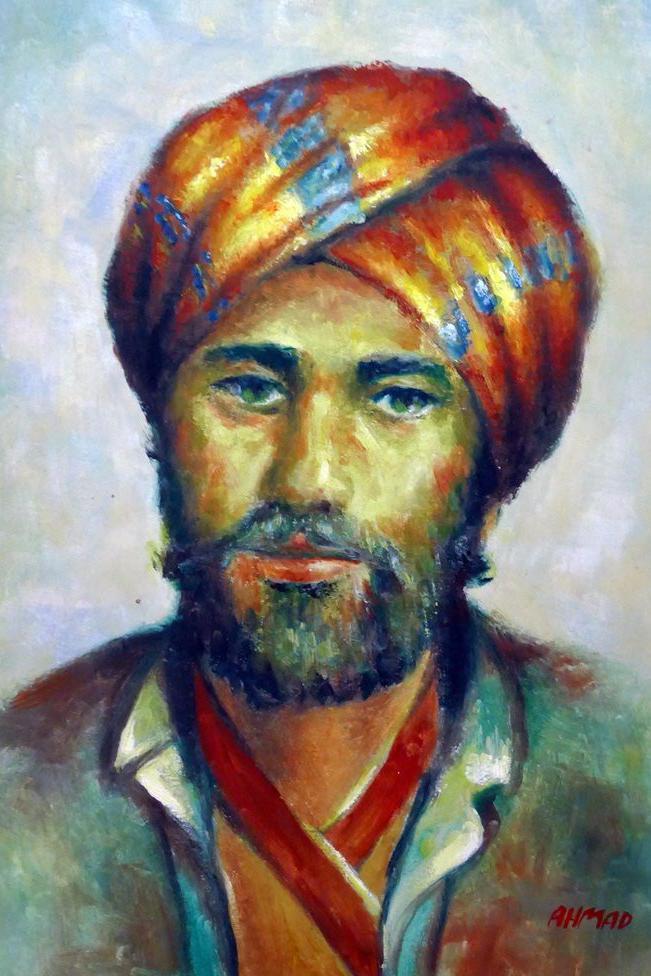 Retrato colorido de Avicena, com barba e uma esp&eacute;cie de turbante
