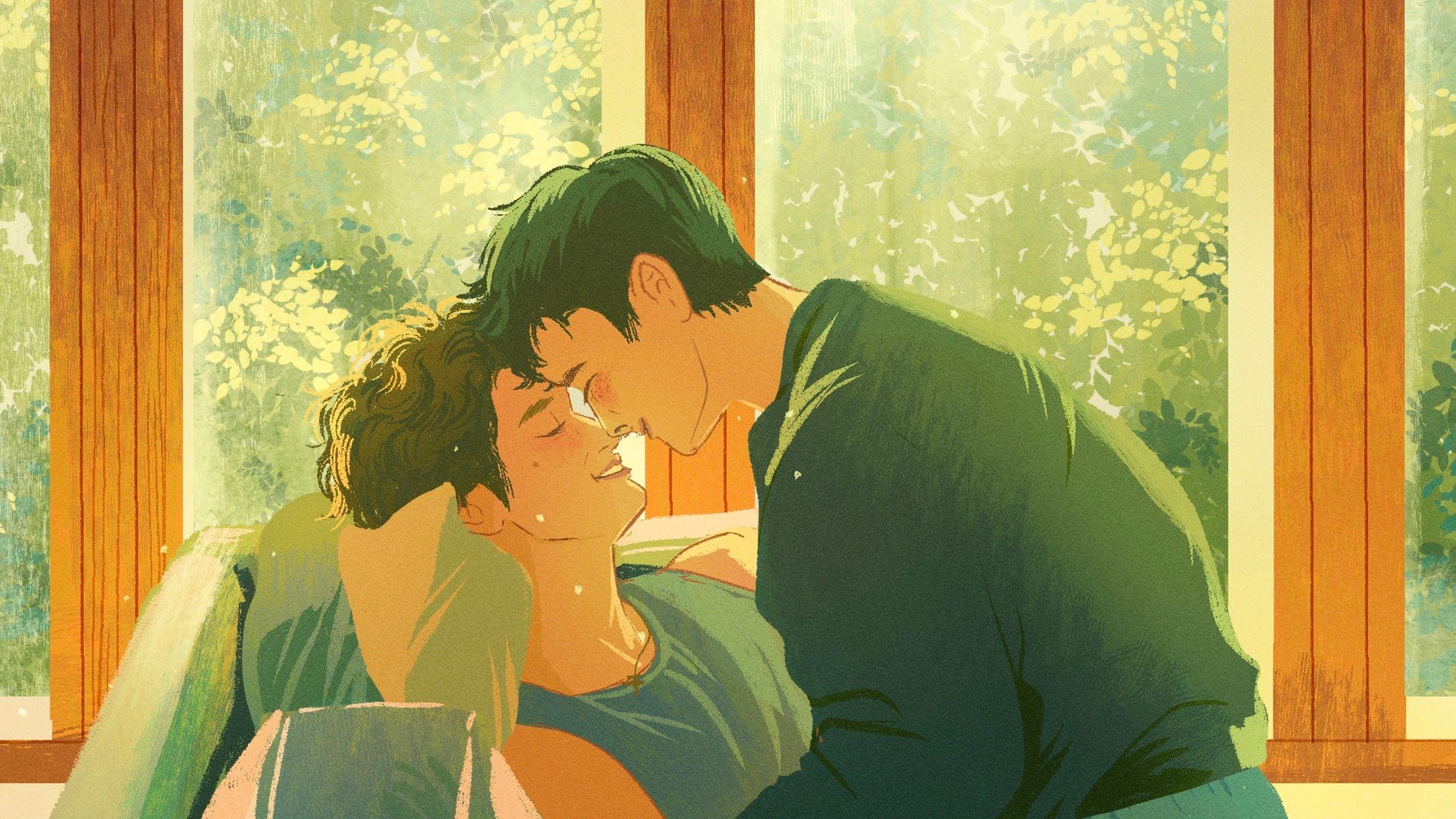 粉絲創作的插畫中，謝恩與伊利亞並排躺在小屋經典場景中的沙發上；謝恩穿著藍色上衣，伊利亞穿著黑色襯衫