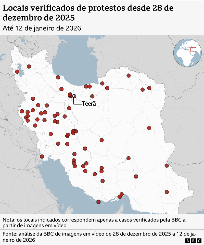 Mapa mostra os locais verificadas de protestos no Irã desde 28 de dezembro de 2025, até 11 de janeiro de 2026