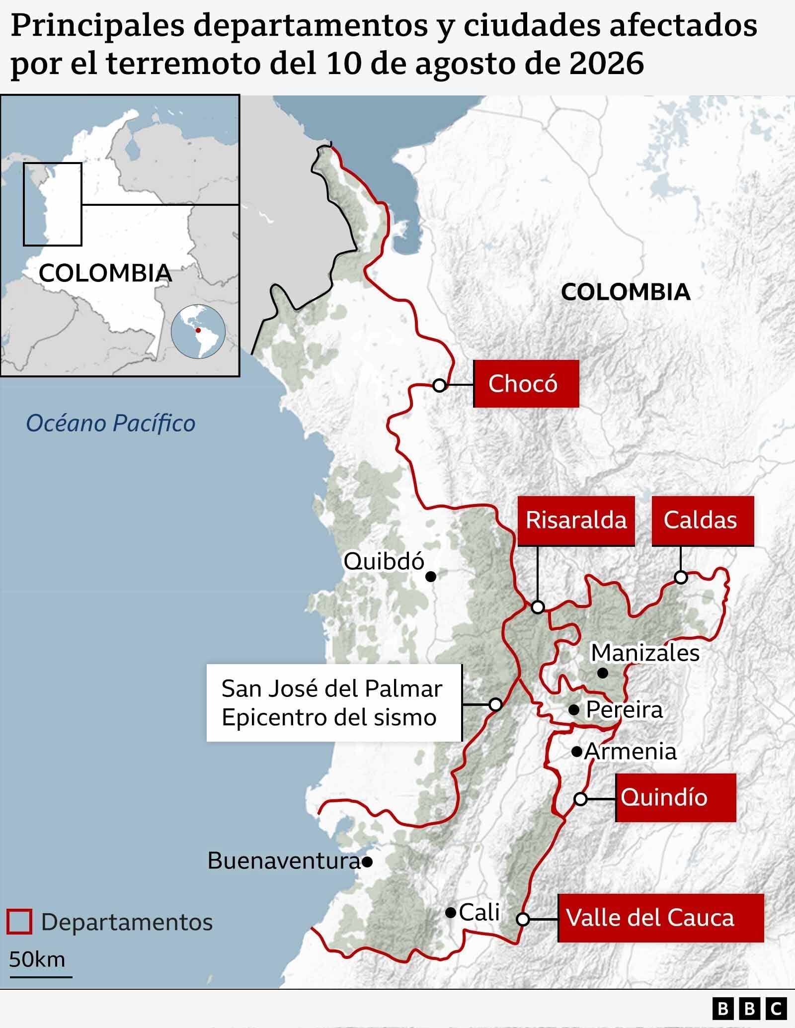 Mapa que muestra las ciudades más afectadas por el terremoto del 10 de agosto en Colombia. Quibdó (Chocó), Pereira (Risaralda), Manizales (Caldas), Armenia, (Quindío), Cali (Valle del Cauca).