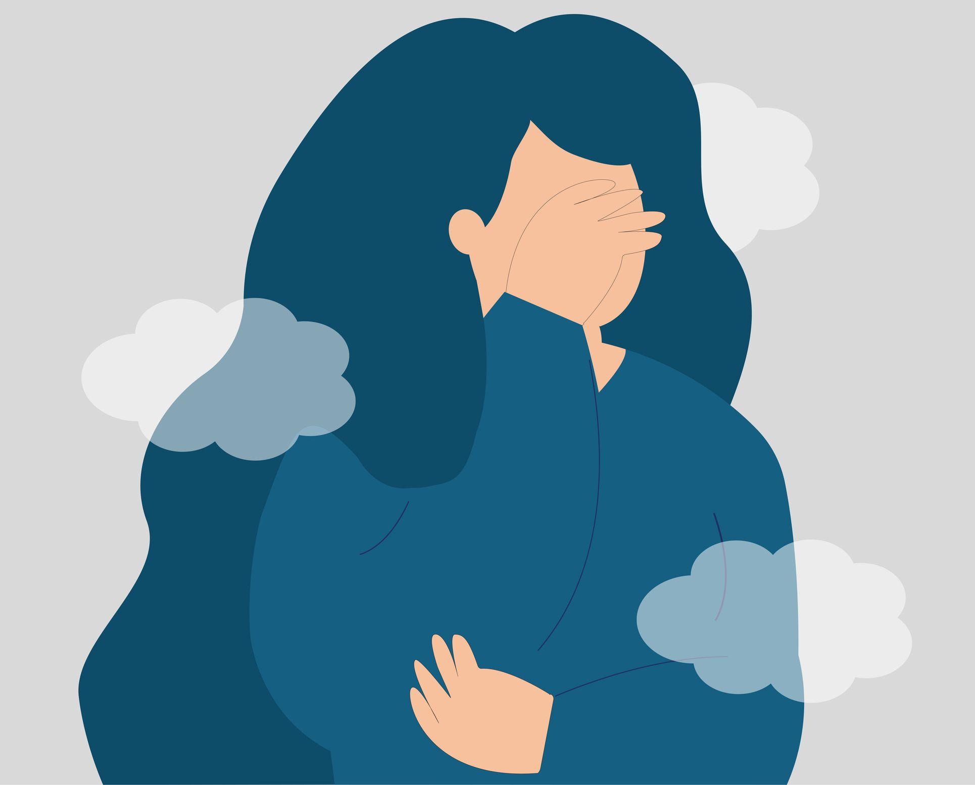Ilustración de una mujer con su mano derecha cubriendo su rostro. Está rodeada por nubes.