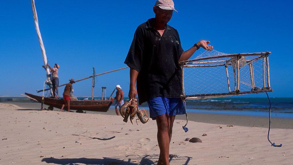 Pescador do litoral do Ceará caminhando na areia com algumas lagostas em uma mão e armadilha na outra