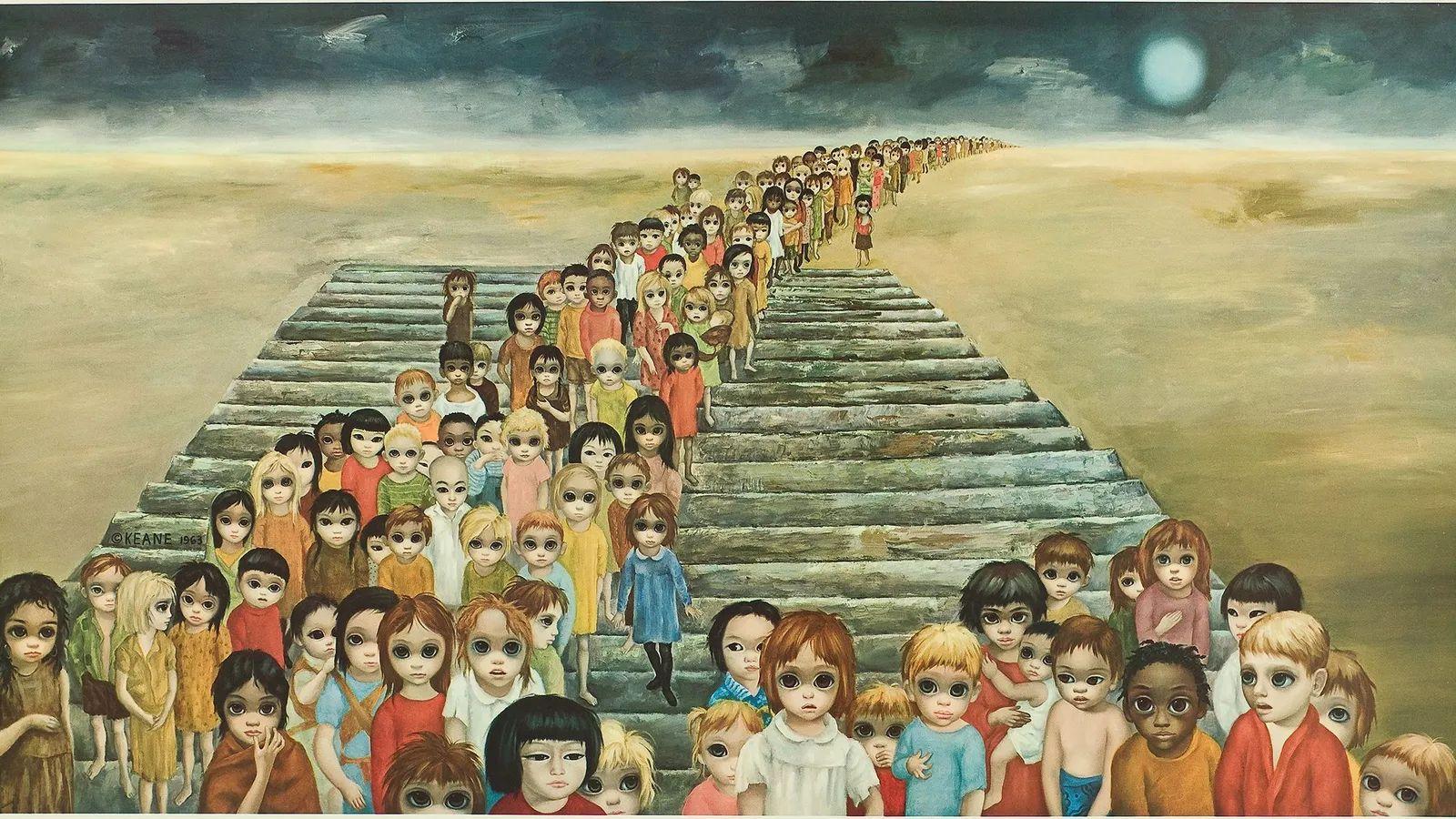Fila de niños con ojos grandes y tristes que viene desde el horizonte hasta unas escaleras y el frente del cuadro