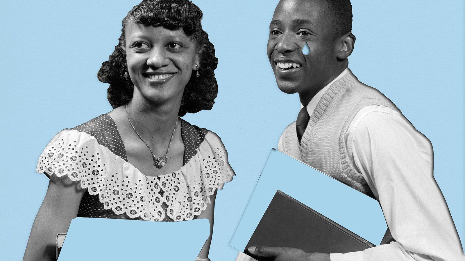 Imagem em preto e branco com fundo azul claro. Um homem e uma mulher est&atilde;o lado a lado, sorrindo. Uma l&aacute;grima azul est&aacute; recortada no rosto do homem