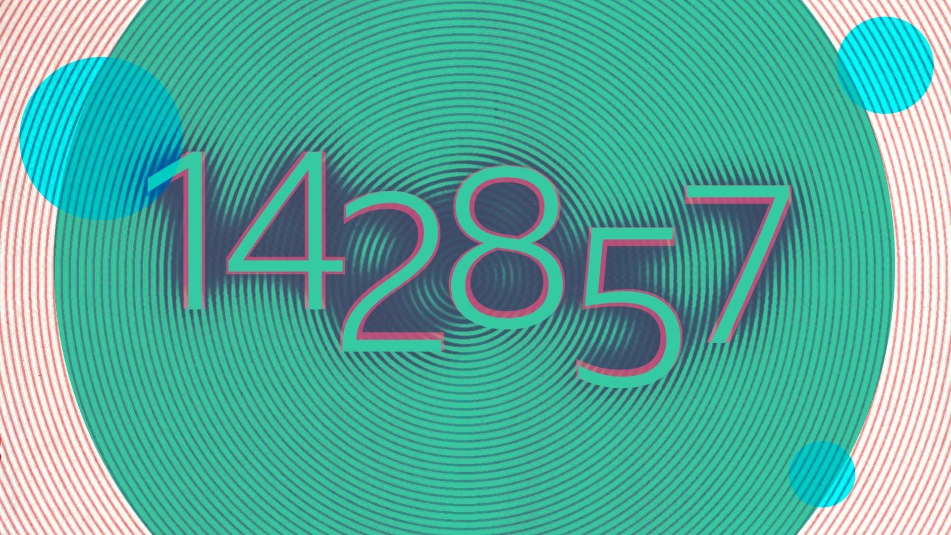 Ilustración con el número 142857 en colores verde y rosado y círculos