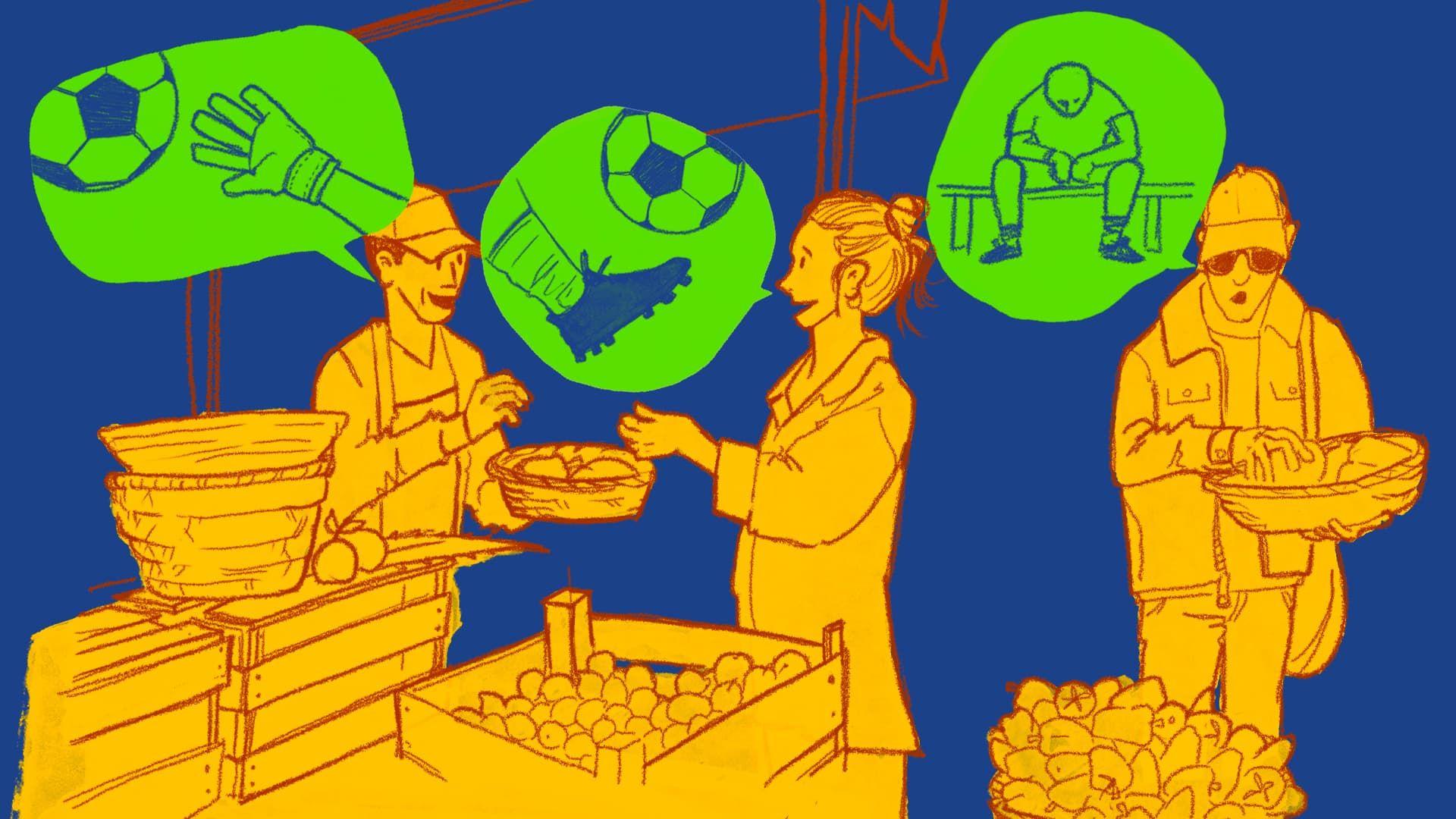 Ilustración en la que se ve a tres personas en un mercado y tienen bocadillos de diálogo de los que no salen palabras, sino imágenes relacionadas con fútbol.