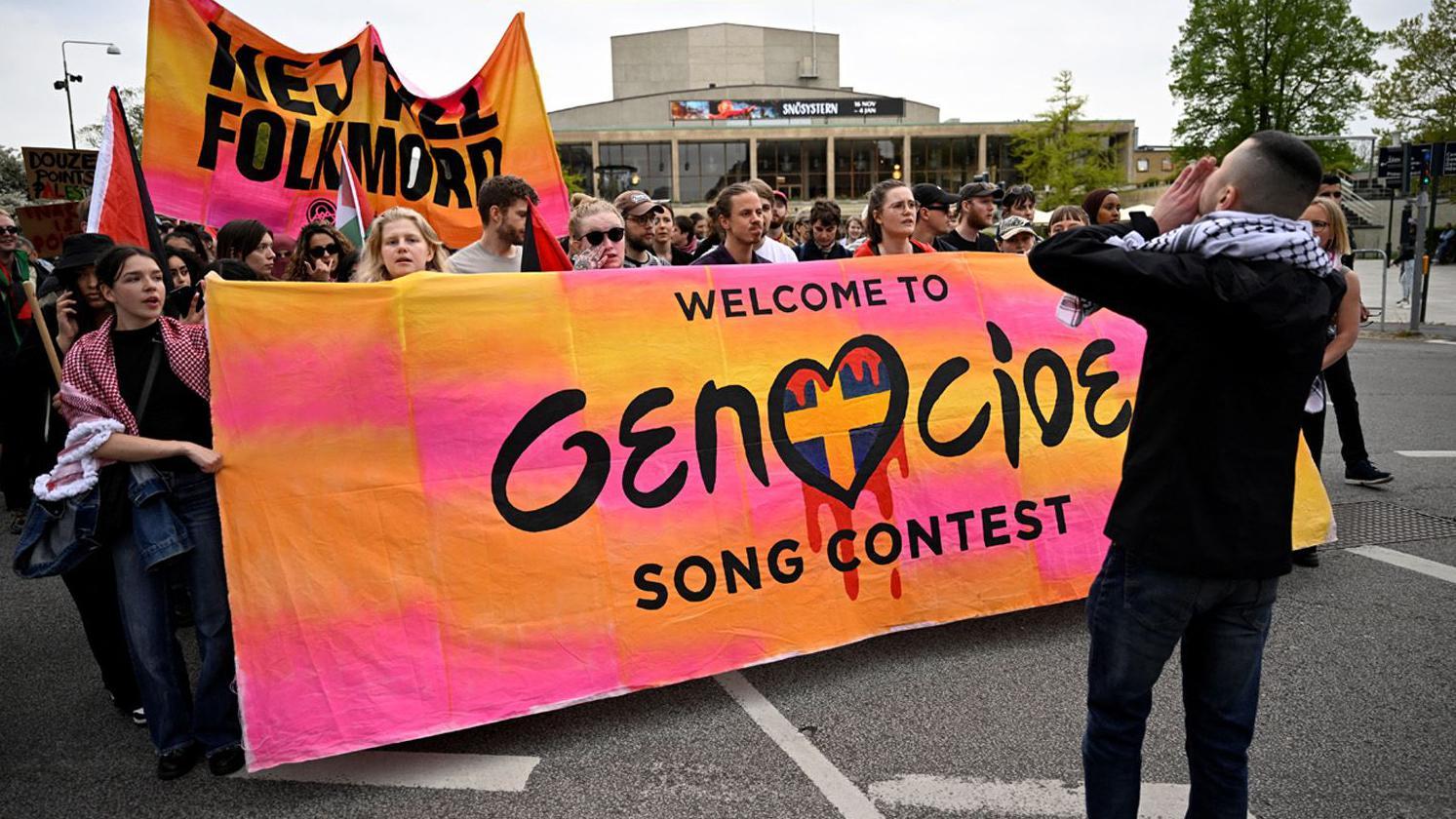 Manifestantes participam de ato contra a participa&ccedil;&atilde;o de Israel na 68&ordf; edi&ccedil;&atilde;o do Eurovision Song Contest, na Su&eacute;cia