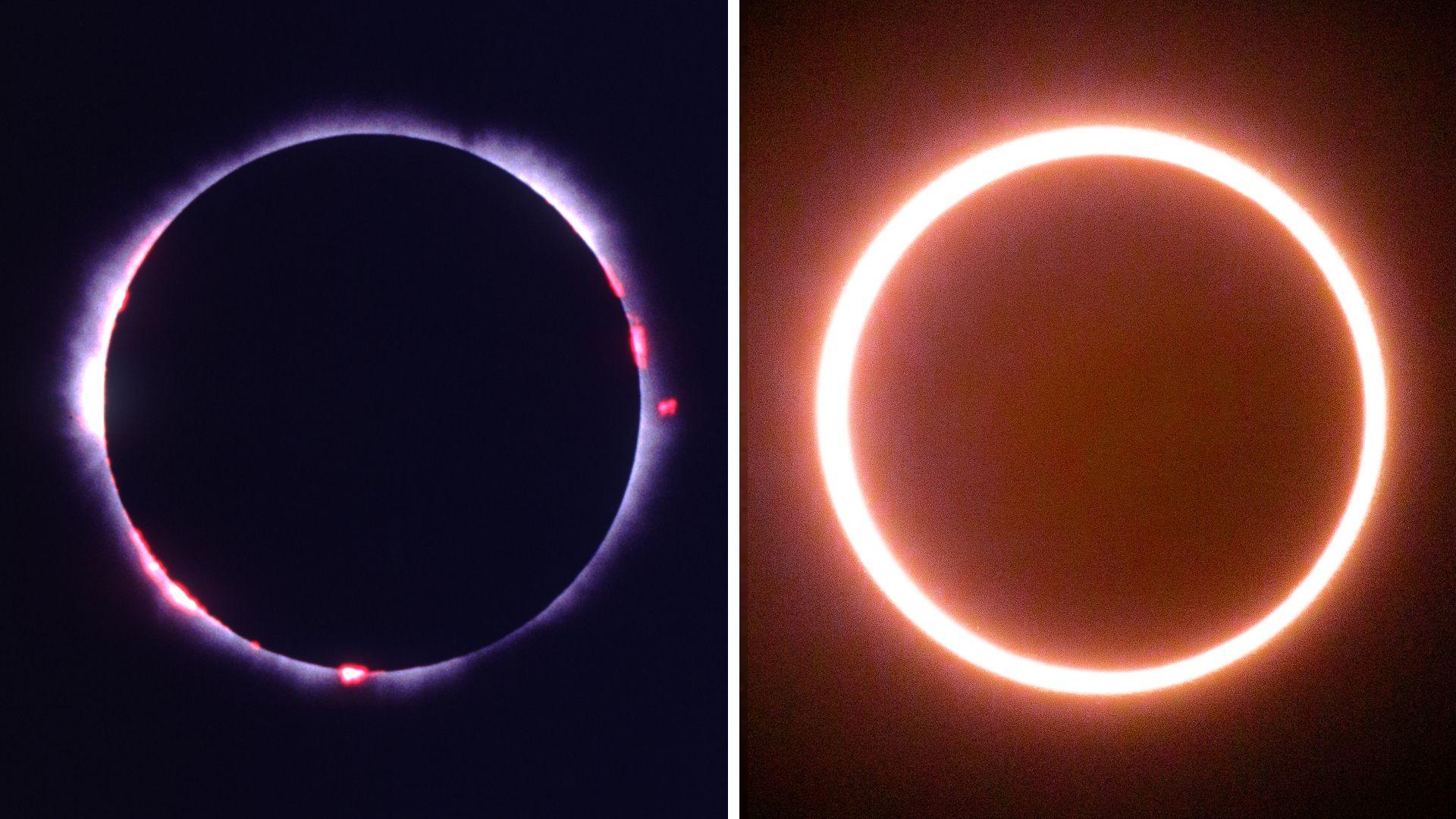 Sunčeva najudaljenija atmosfera je ponekad vidljiva tokom potpunog pomračenja Sunca, dok se Sunčev svetli disk može videti tokom prstenastog pomračenja Sunca