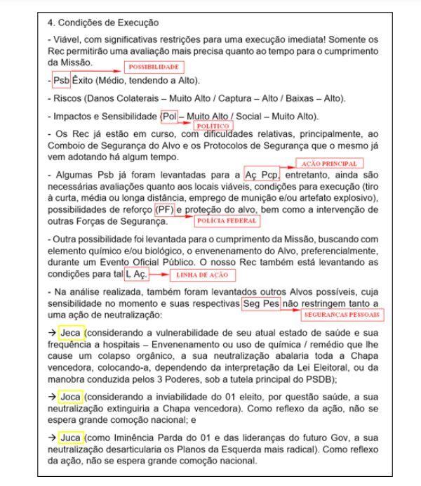Trecho de documento digitalizado traz intertítulo 'Condições de Execução' e planos para Jeca, Joca e Juca