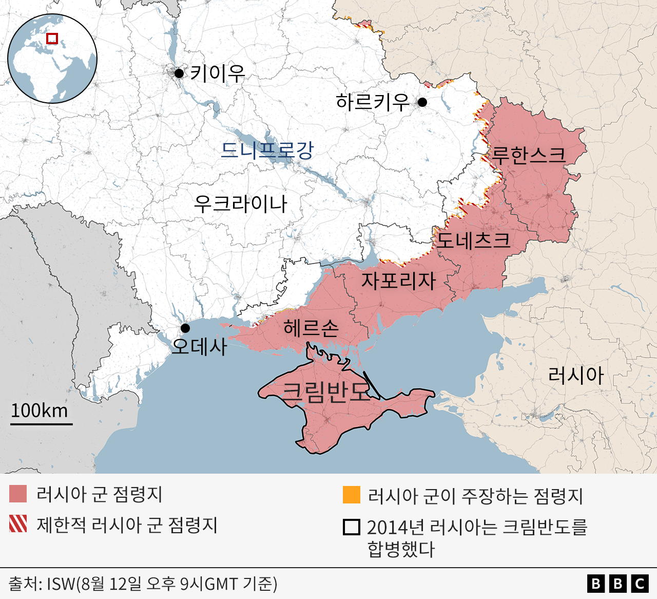 우크라이나 내 러시아 점령지를 표시한 지도