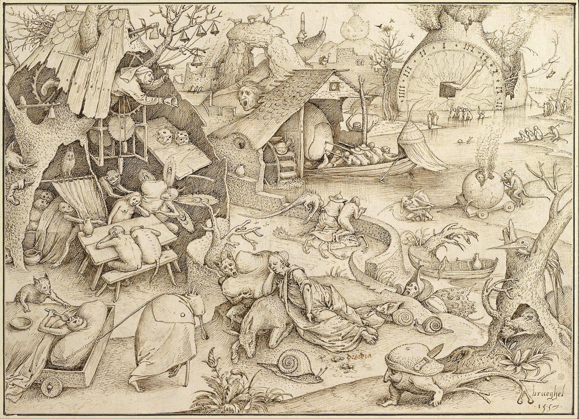 Ilustración de la epoca en sepia, diversas figuras en sitauciones que ilustran la pereza.