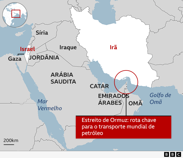 Imagem de um mapa com o Irã no centro, os países vizinhos e o estreito de Ormuz. 