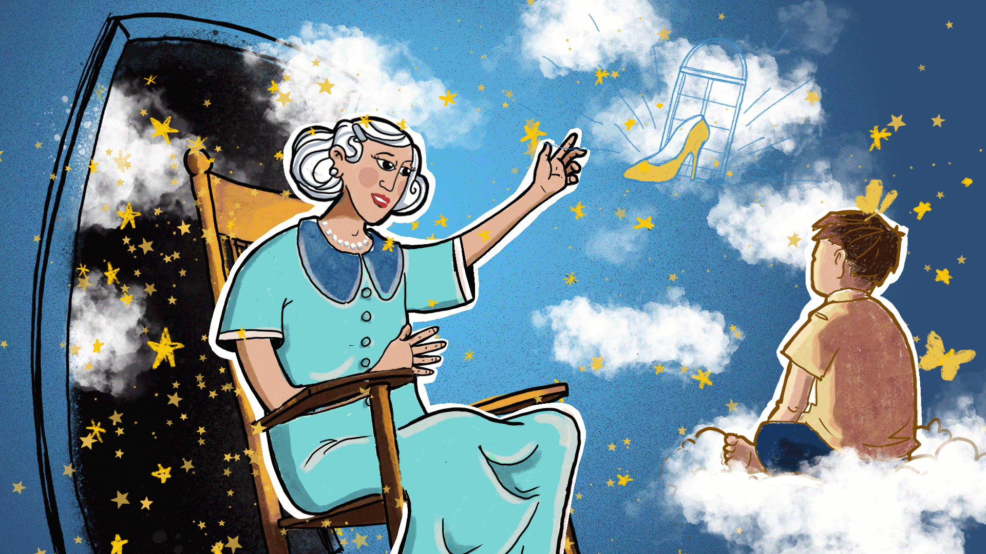 Ilustración de Juana sentada en una silla y al frente está un niño pequeño sentado sobre una nube