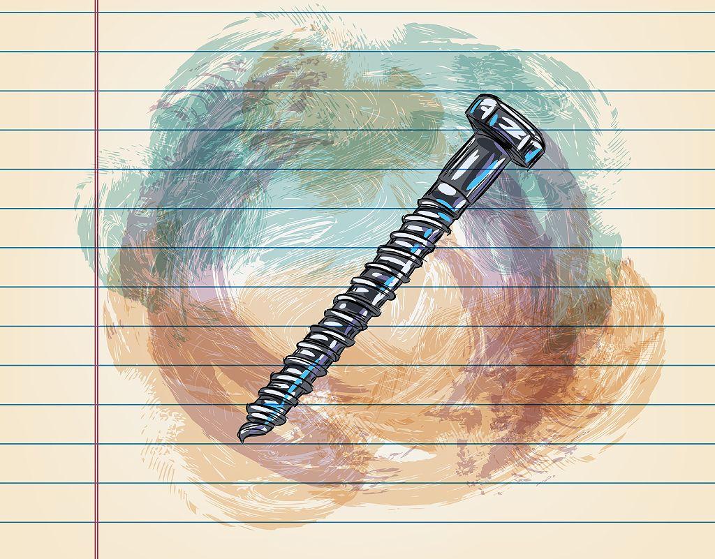 Dibujo en acuarela sobre papel de cuaderno con márgenes de un tornillo entre pinceladas de colores azul, tierra y beige.
