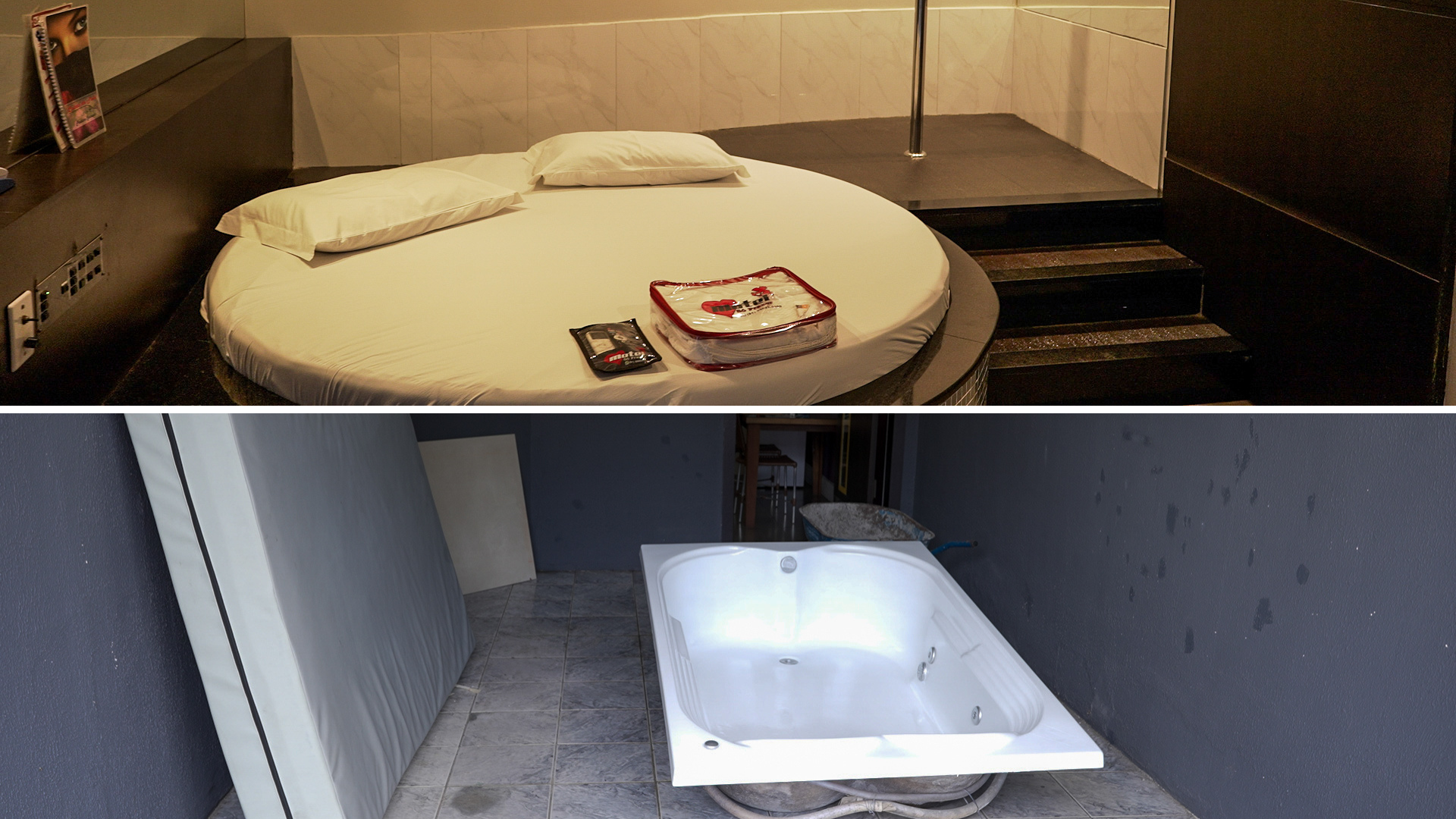 Montagem mostra cama redonda e obra