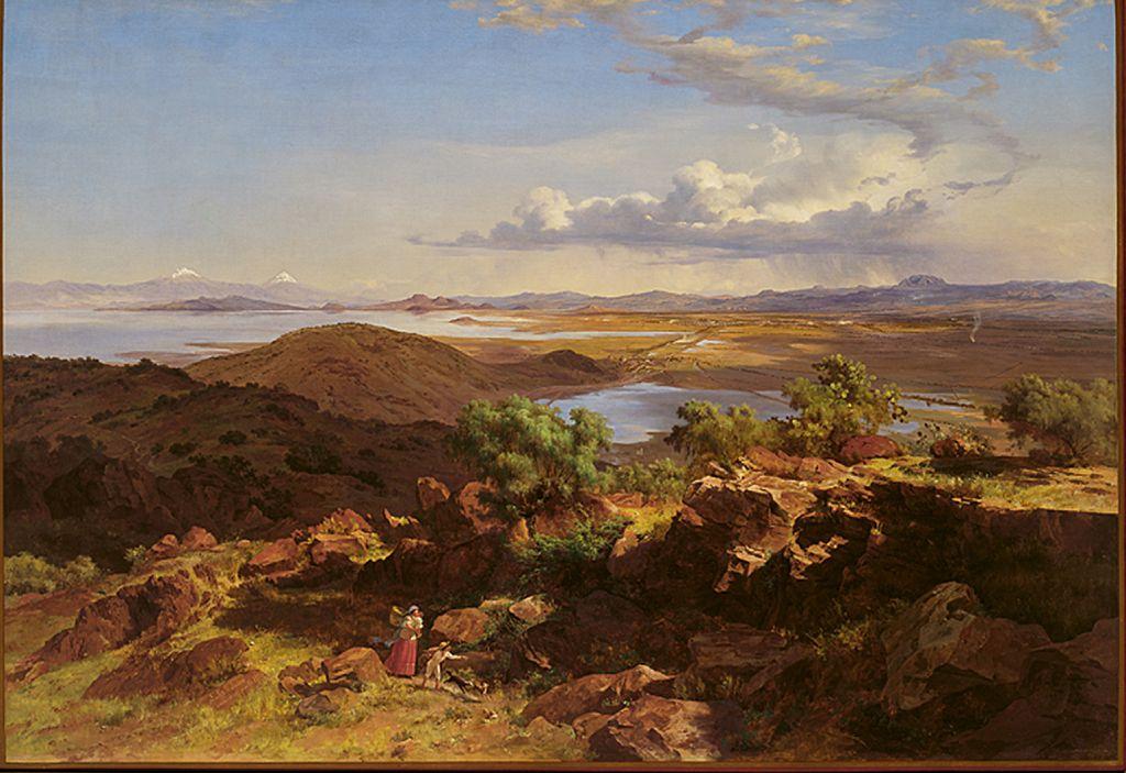 Valle de México, con lagunas, rocas, caminos, ciudades y montañas