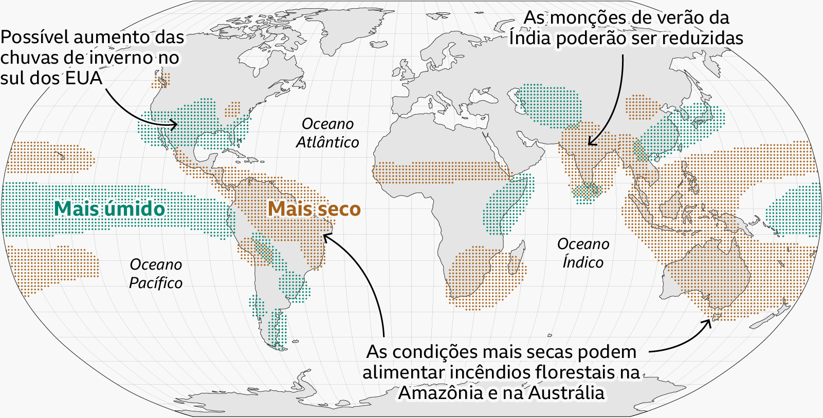 Mapa-múndi mostrando os efeitos do El Niño