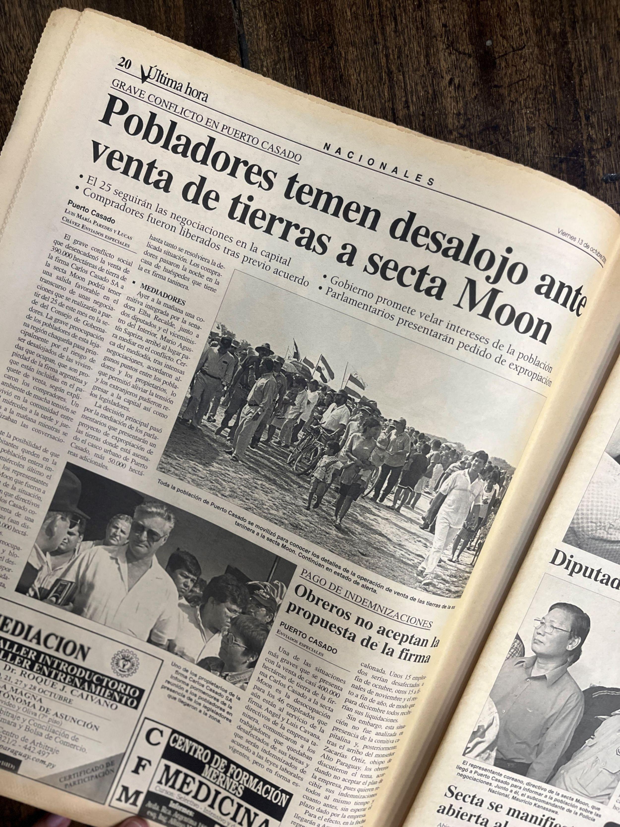 recorte de periódico que reseña el temor de los residentes de Puerto Casado a ser desalojados.