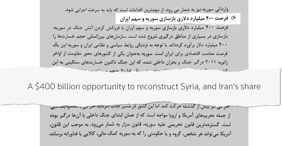 وثيقة من 33 صفحة عُثر عليها في السفارة الإيرانية بدمشق تكشف تفاصيل حلم طهران بتنفيذ خطة شبيهة بـ"مارشال" لإعادة إعمار سوريا. وتُبرز إحدى النقاط الأساسية في الوثيقة: "فرصة بقيمة 400 مليار دولار لإعادة إعمار سوريا، وحصة إيران منها".