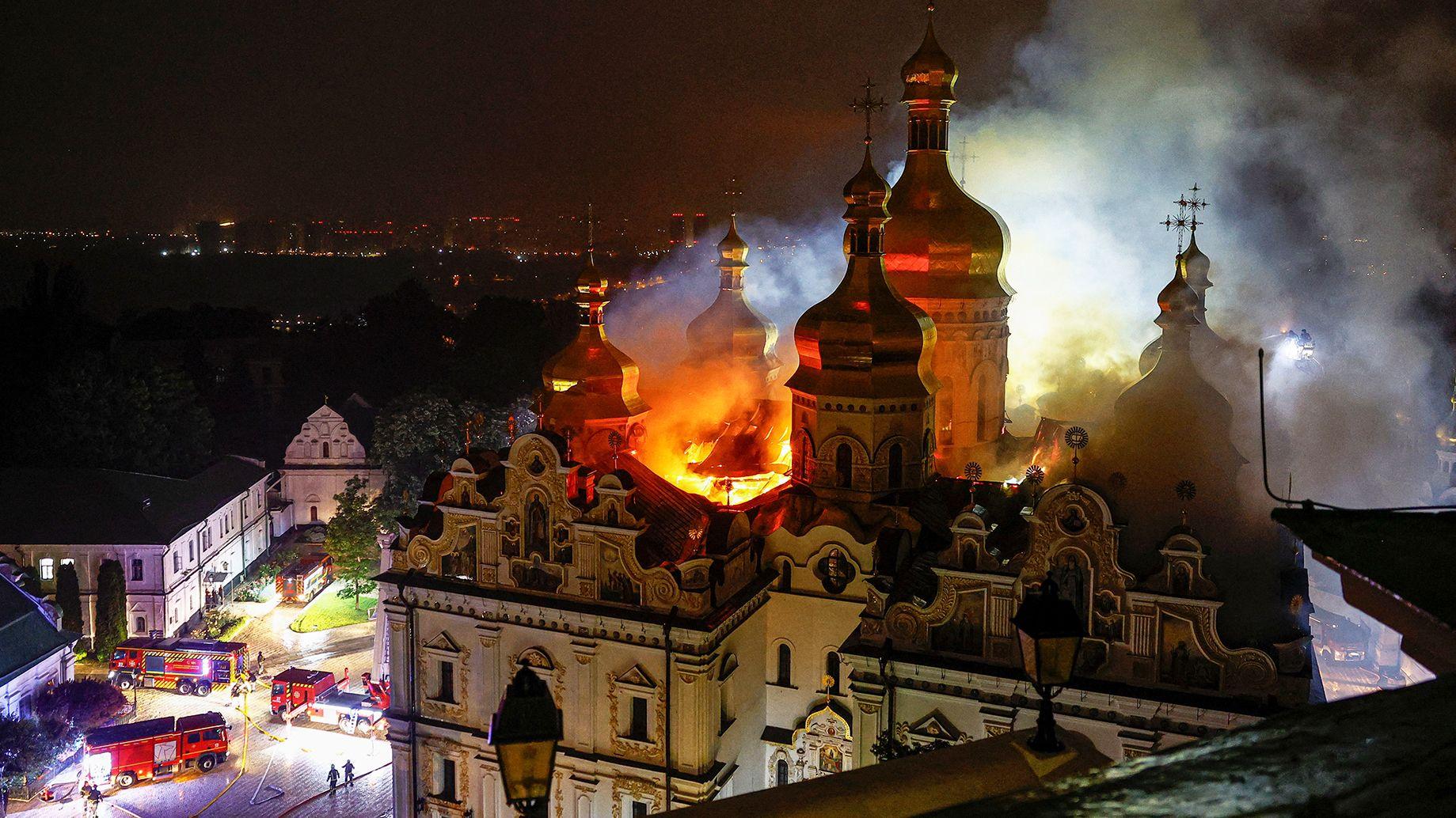 Russian strikes kill nine and set historic cathedral in Kyiv ablaze