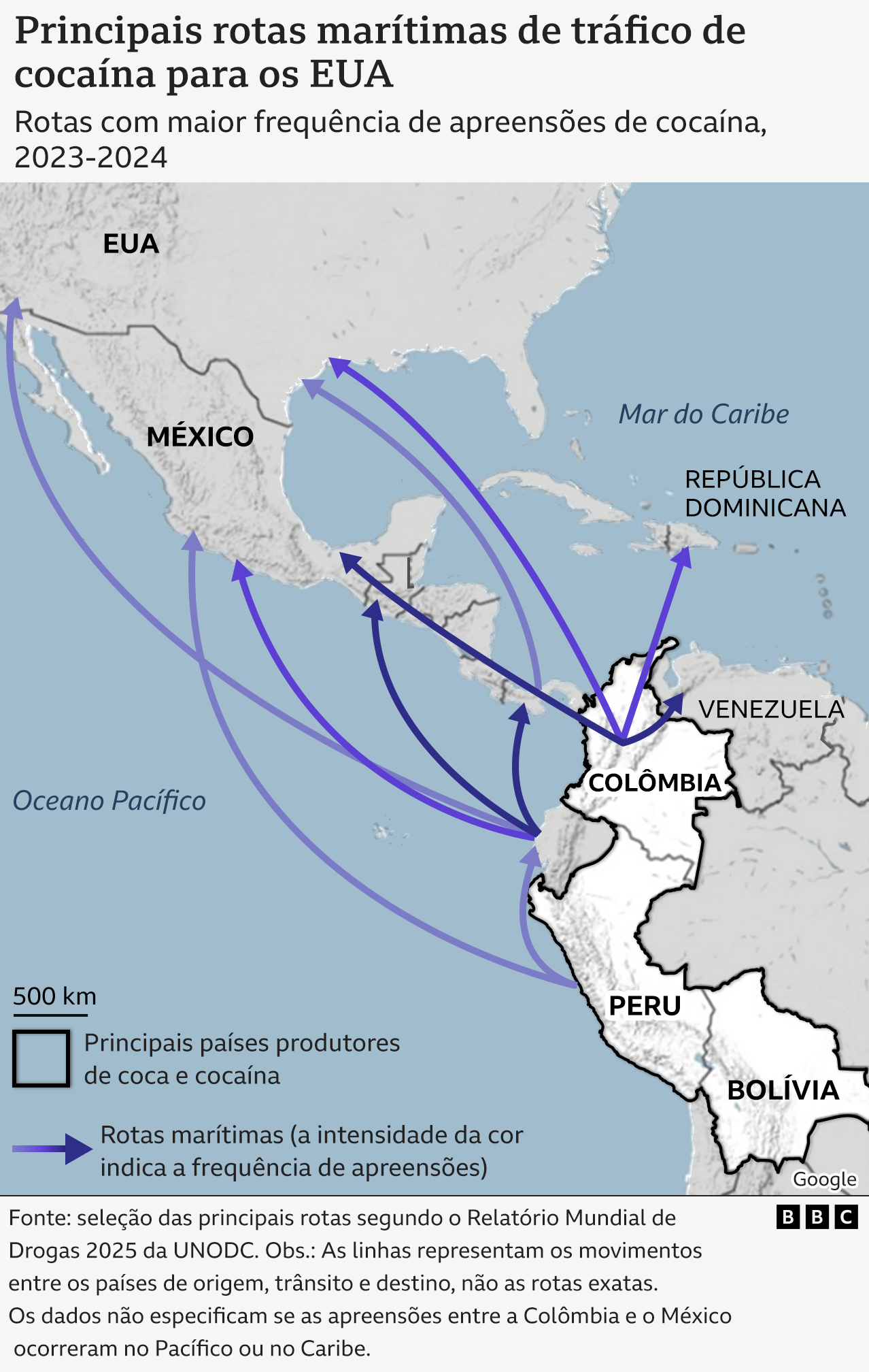 Mapa que mostra as rotas marítimas para o tráfico de cocaína da América Latina para os Estados Unidos