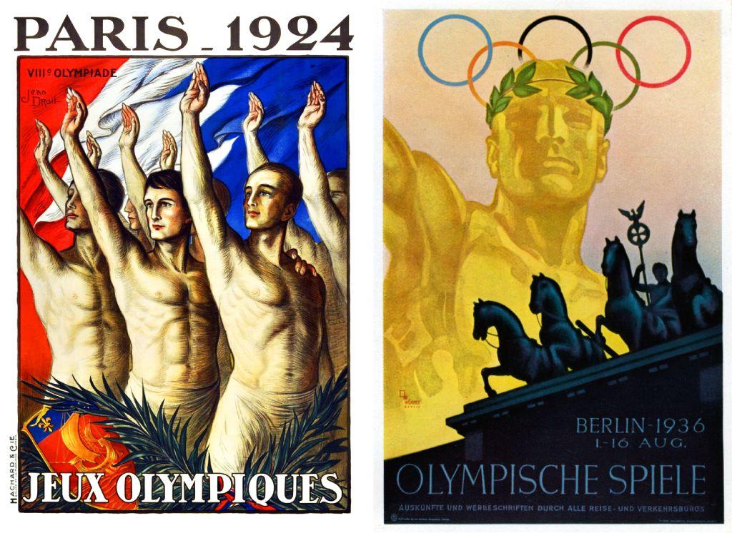 Los afiches de las Olimpiadas de París y las de Berlín. En la primera se ven jóvenes con un brazo levantado, y sólamente vistiendo pantalones, con la bandera de Francia atrás y en la parte inferior, laureles y un escudo rojo, azul y dorado. En la de Berlín se ve un hombre dorado con una corona de laurel verde, y los aros olímpicos detras de su cabeza. Se alcanza a ver sólo parte de su brazo derecho levantado y sobre su imagen está la escultura que está en la cima de la Puerta de Brandeburgo, un carro tirado por cuatro caballos dirigido por Victoria, la diosa romana de la victoria. 
