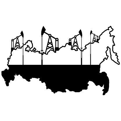 A drawing shows the map outline of Russia as a half-empty oil well being drained by industrial pumps.