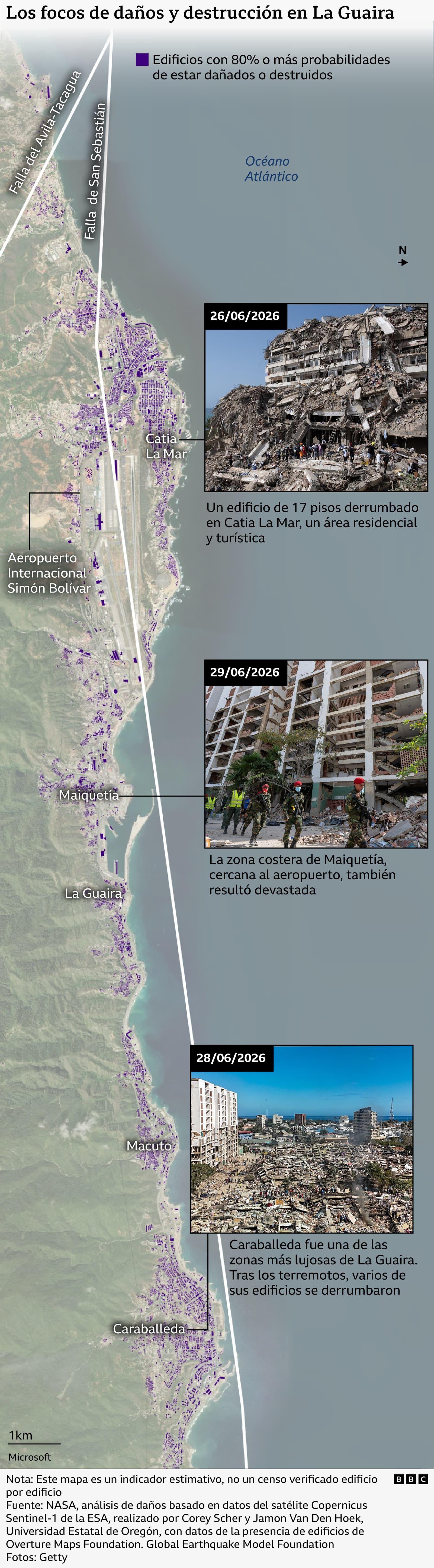 Mapa que muestra las zonas más afectadas en La Guaira, como Catia La Mar y Caraballeda.