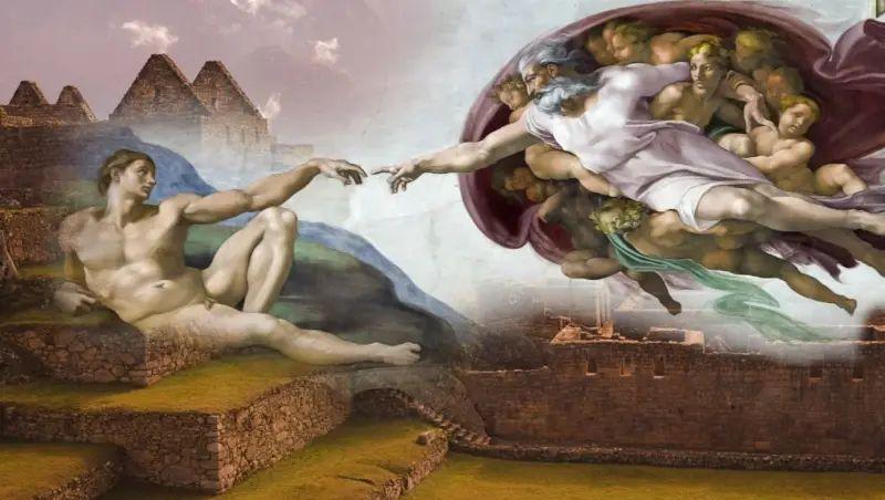 Superposición de "La creación de Adán" sobre Machu Picchu