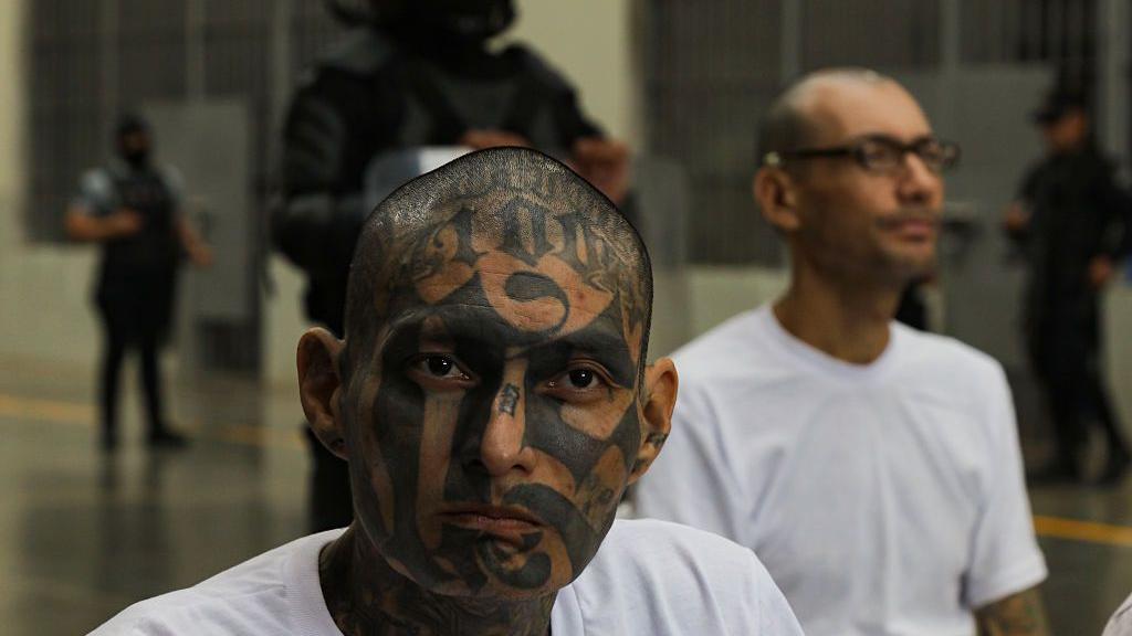 Un pandillero escucha una audiencia virtual durante un juicio masivo contra miembros de la pandilla Mara Salvatrucha (MS-13), celebrado en el Centro de Confinamiento por Terrorismo (Cecot), en el municipio de Tecoluca, San Vicente, El Salvador, el 23 de abril de 2026. Un detenido tiene una franela blanca y toda la cara tatuada. 