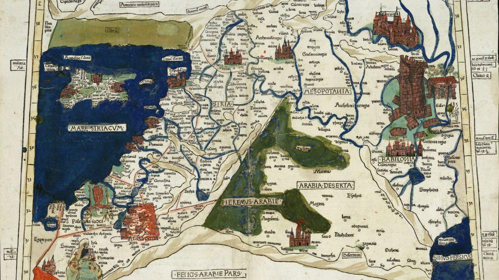 Mapa de: Ptolomeo, Claudio, Cosmographia, Ulm, Johann Reger, 1486. ​​Impreso del mismo libro que la edición de Ulm de 1482, con varias ilustraciones dibujadas a mano, como la Torre de Babel, Moisés con las Tablas de la Alianza en el Monte Sinaí.
