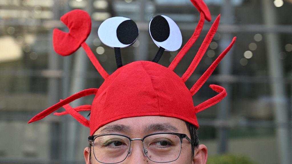 一位頭戴龍蝦帽的男子