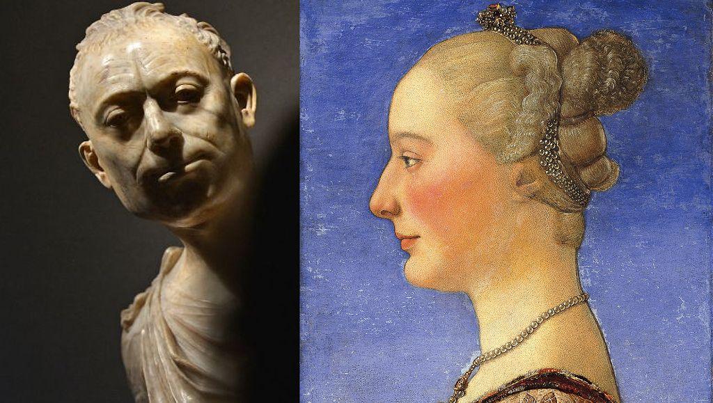 Escultura de hombre mirándote de frente, con carácter, y retrato de mujer plano, de perfil