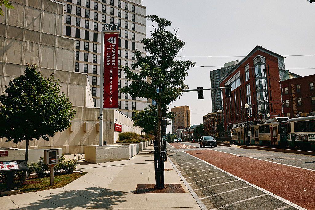 اسم هارفارد باللون الأبيض وباللغة الإنجليزية على لافتة حمراء بجانب مبنى أبيض وسكري اللون. مقابله شارع معبد ومخطط وعدد من المباني على الجانب الآخر وقطار.