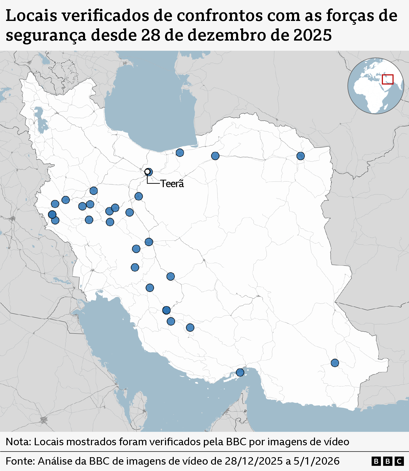 Gr&aacute;fico da BBC mostra os locais de confrontos com for&ccedil;as de seguran&ccedil;a em todo o Ir&atilde;