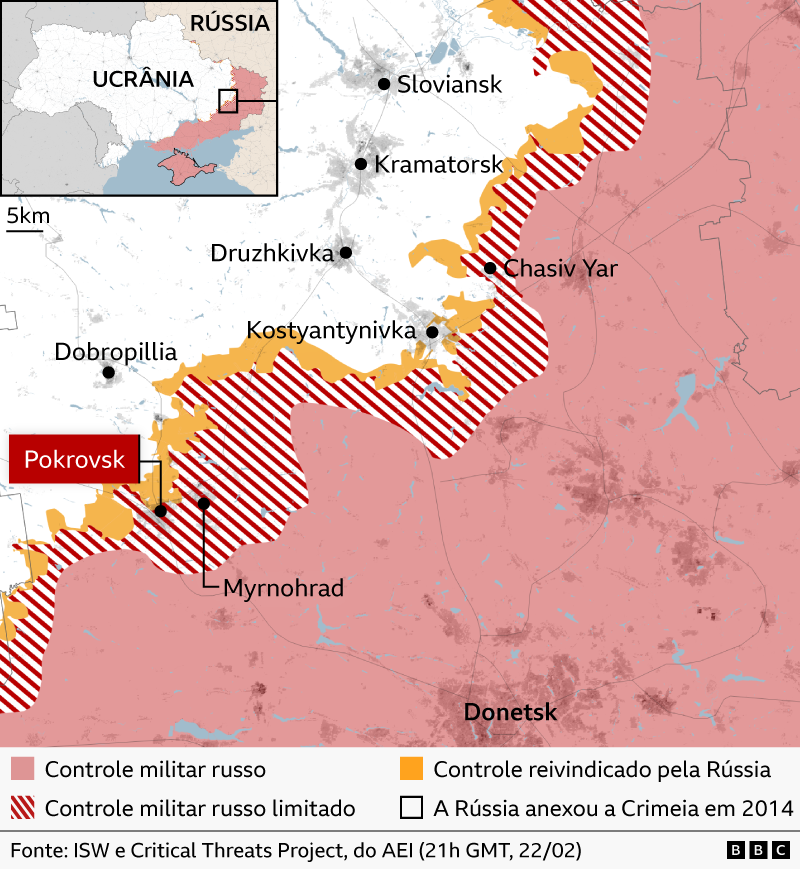 Mapa mostra onde h&aacute; controle militar russo, controle militar russo limitado e controle reivindicado pela R&uacute;ssia nas proximidades de Donetsk
